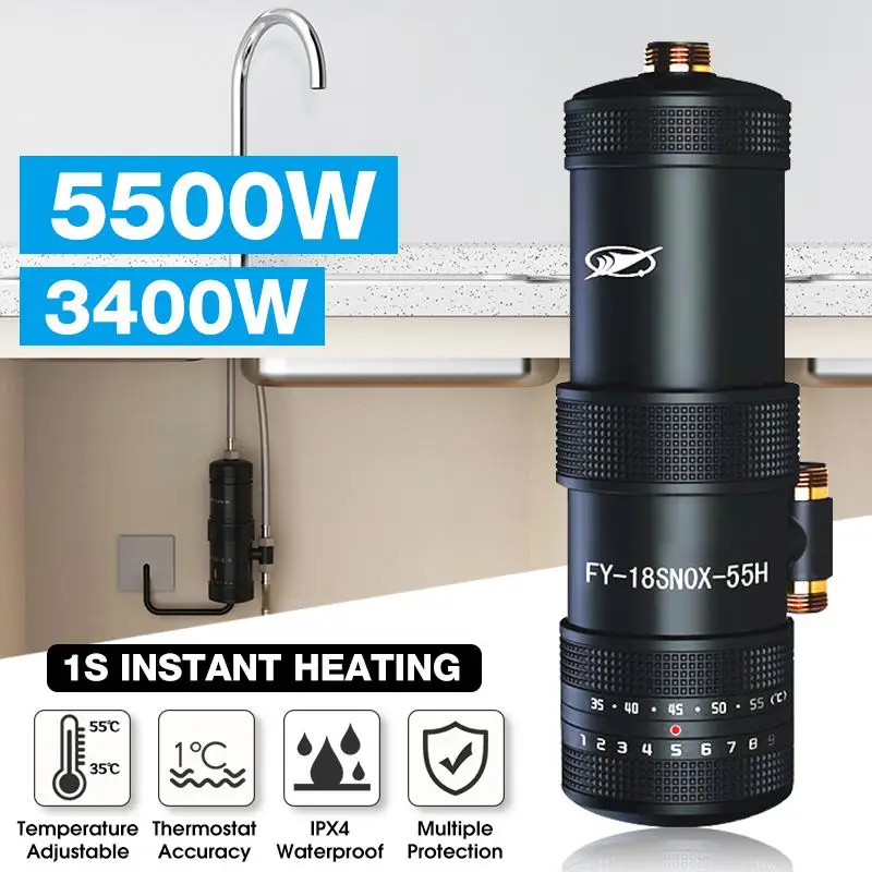 

3400W/5500W Instant Heating Faucet Household Electric Water Heater Faucet Adjustable Temperature Kitchen Bathroom Hot Water Tap