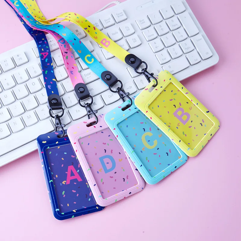 Cartoon Student Campus Candy Color Alphabet Id Holders Case Badge Bus Pass Cover With Necklace