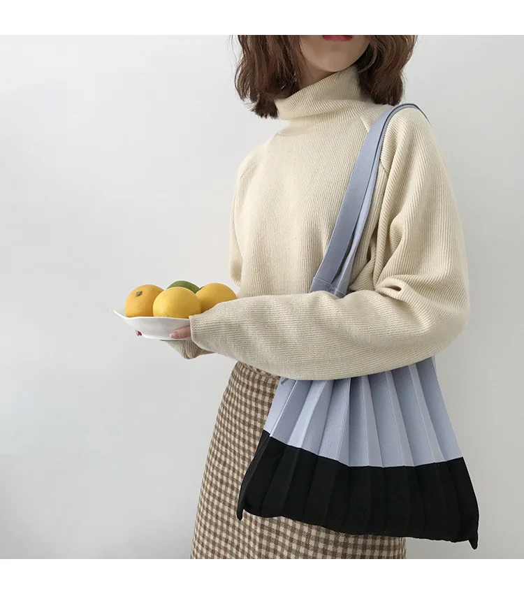 Wool knitting Pleated Bags Patchwork Drawstring Shopping Bags Girls Causal Large Shoulder Bag Korean Japanese Chic Small Handbag