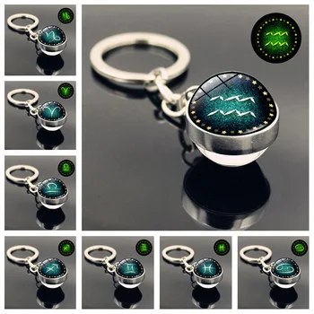 

Glow In The Dark Luminous Double-sided Glass Ball Charm Pendant Key Chain Twelve Constellation Pattern Time Stone Keychain Gifts