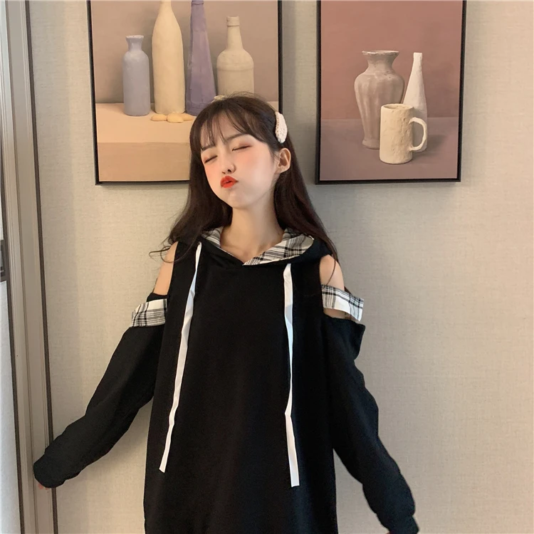Черный Корейский стиль, женские толстовки, японский Harajuku, Модный пуловер с вырезом лодочкой, толстовка, осенние свободные милые готические Топы с капюшоном - Цвет: Черный