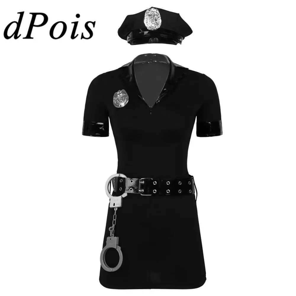 Womens Police Officer Cosplay Costume Halloween Cop Uniform Outfit Deep V Neck Short Sleeves Bodycon Mini Dress with Hat Badge |