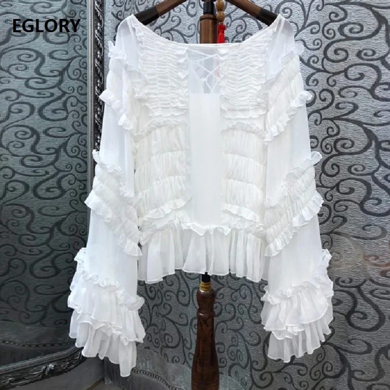 

Top Quality Blouse Shirt 2019 Autumn White Pink Tops Blouses Women Cross String Cascading Ruffle Long Sleeve Tops Casual Ladies