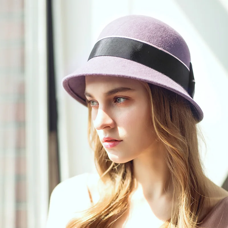 

Autumn And Winter New Style England Retro Wool Hat Bowler Hat Women's Versatile Elegant Bow Felt Cap Outing Bucket Hat