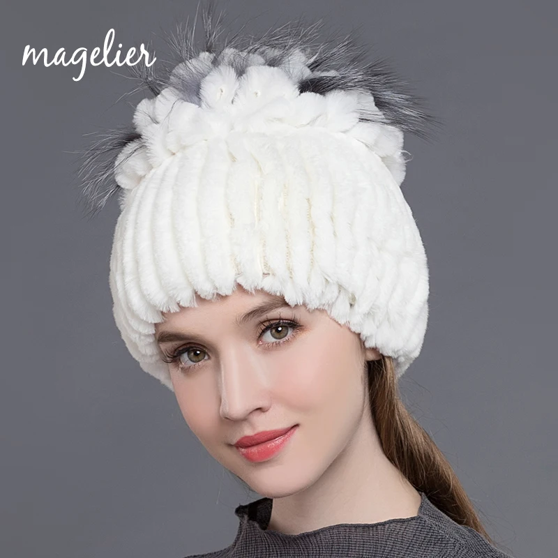 

Magelier Real Fur Hats for Women Winter Warm Natural Rex Rabbit Fur Beanies Fashion Brand Fox Fur Caps New Arrival MZ019
