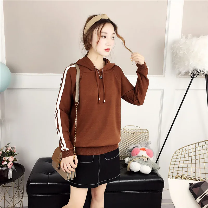 

Autumn Winter Sweater striped Casual Women Hooded Knitted Pullevrs Colors Ladies Jumper Standard Clothes