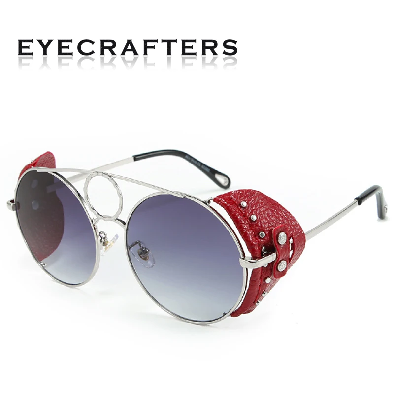 2020 New Vintage Fashion Steampunk Metal Vintage Sunglasses Men Women Round Leather Studded Sunglasses Men Glasses Shades