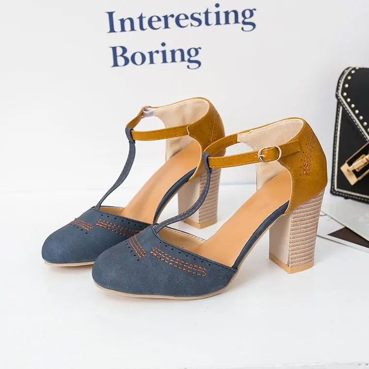 

Wish2019 Spring And Summer New Style Europe And America Retro round-Toe Spell T Shaped Buckle Large Size WOMEN'S Shoes