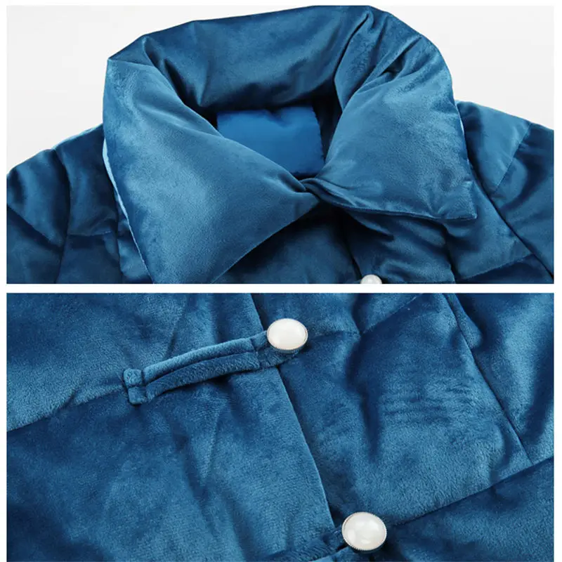 Gold Velvet Cotton Padded Coats Women Winter New Vintage Jacket Slim Long Elegant A-line Warm Down Cotton Parka Mujer f2211