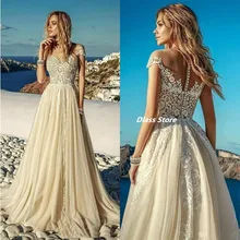 

Luxurious Beach Light Champagne Wedding Dress 2022 A-Line Tulle Lace Appliques Long Bridal Gowns Robes De Mariée Custom Size