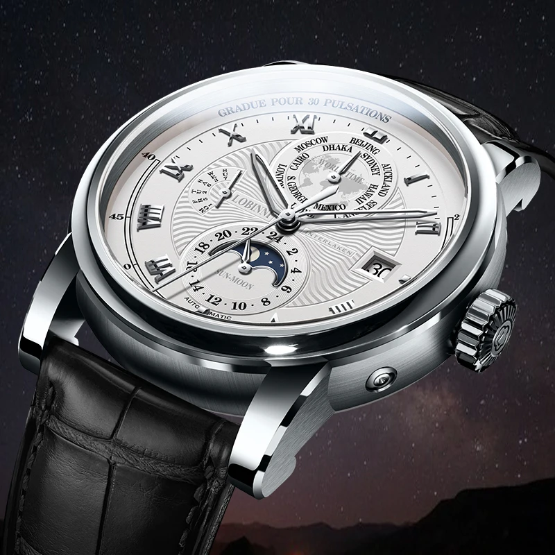 LOBINNI мужской роскошный бренд часов Moon Phase автоматические механические мужские