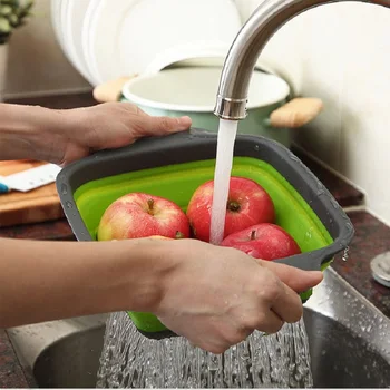 

Foldable Fruit Vegetable Washing Basket Strainer Portable Silicone Colander Collapsible Drainer With Handle Kitchen Tools