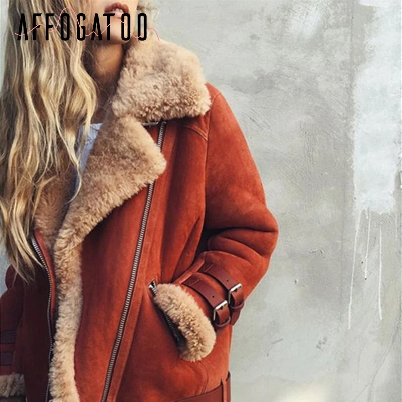Brick red Afogatoo винтажная уличная Толстая теплая куртка-бомбер из овечьей шерсти, Женская Повседневная мотоциклетная Женская куртка, зимнее пальто размера плюс, Женская куртка - Цвет: Brick red