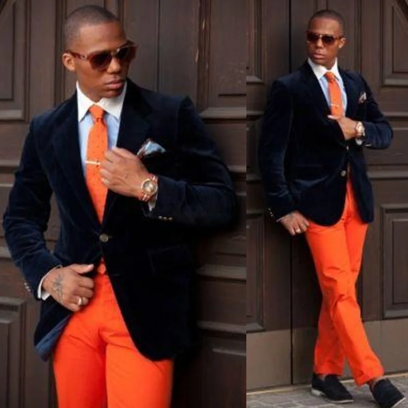 123Black Velvet Tuxedos For Men with Orange Pants Handsome Mens Wedding Tuxedos Designer Mens Suits (Jacket+Pants