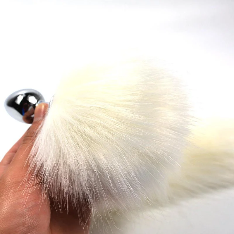 1PC Pure White Fox Tail Butt Metal Plug 35cm Long Anal Sex Toy Animal RolePlay Cosplay with Real Racoon Dog Hiar Sex Products02