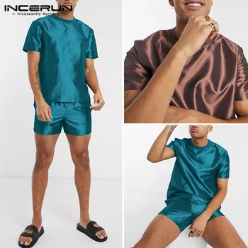 

2020 Mens Casual Comfortable Two-Piece Sleepwear Men Pajamas Sets Loose Short Sleeve Solid Color Tops Summer Silk Satin S-5XL