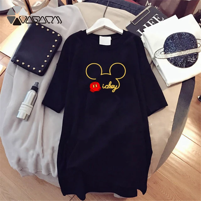 Summer Fashion Women Dresses Mickey Minnie Cartoon Print Clothes Loose Women Clothing  Cute Mini Dress Black D001m300 Black