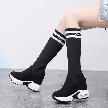 Fashion Height Increasing Cosplay Shoes Women Long Boots Fall 2020 Thick Bottom Knee High Boots Knitted Elastic Thin Socks Boots black white