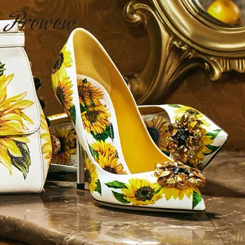 

Prowow New Summer Genuine Leather Reineston Crystal HIgh Heels Sexy Pointed Toe Floral Printed Thin hIgh Heels Shoes Women