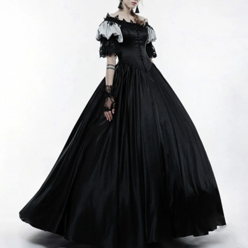 Halloween Costumes For Women Medieval Costumes Off-The-Shoulder Puff Sleeves Lace Large Dress Cosplay Court Dress Female SL1824 - Цвет: black