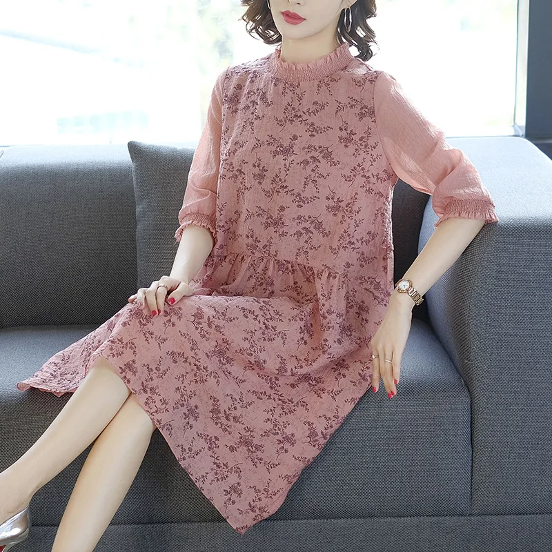 

2019 Spring Clothing New Style WOMEN'S Dress Floral Print Loose-Fit Mid-length Elegant Ladies' Full Body Dress Fairy Skirt