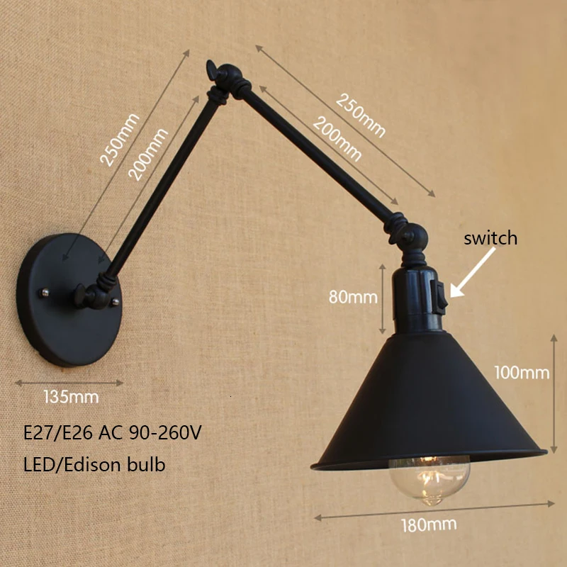 Античный Черный Промышленный Металлический Мини-настенный светильник с длинным поворотным кронштейном для прикроватной тумбочки для мастерской освещение для спальни