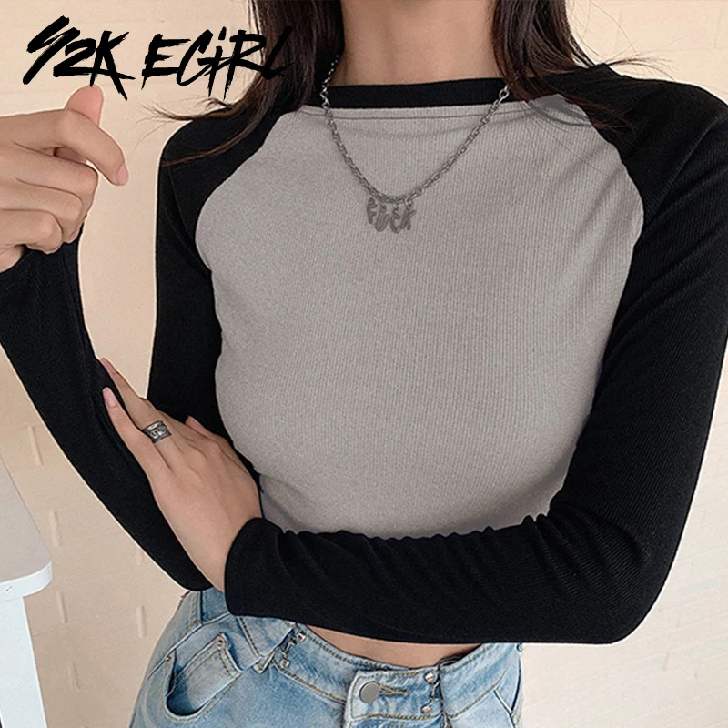 

Y2K EGIRL Casual Patchwork Slim Ribbed Tops 90s Vintage O-neck Long Sleeve Cropped T-shirts Autumn Basic Pancelled Tees Women