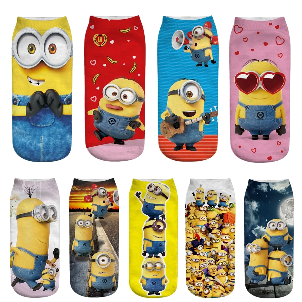Женские летние милые хлопковые носки с 3D принтом миньонов, Harajuku, забавные короткие носки с изображением маленького желтого человека