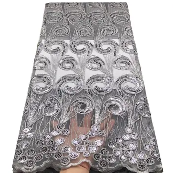 

2020 high quality French Nigerian sequins net lace,African tulle mesh sequence lace fabric for party dress 5yards/lot mv514 grey