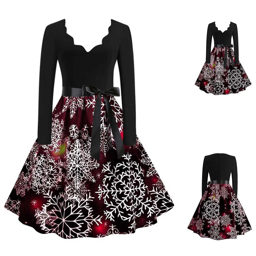 Платье для женщин женские Платья vestidos de festa ropa mujer с длинным рукавом Рождественский принт музыкальных нот винтажное расклешенное платье