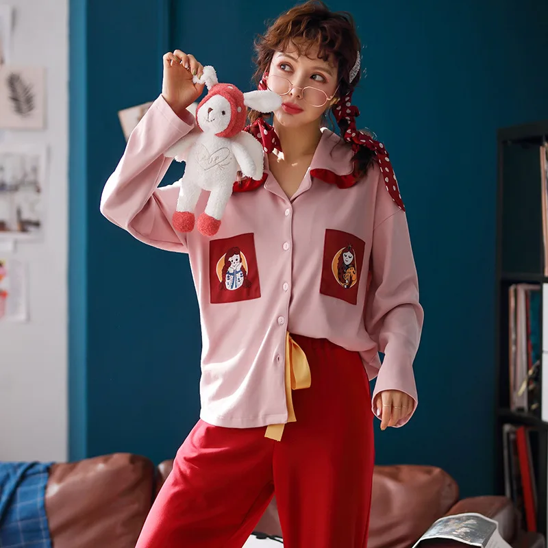 

2019 Autumn New Style Pajamas Women Long Sleeve Set Korean-style Pure Cotton Pajamas-Outer Wear Tracksuit