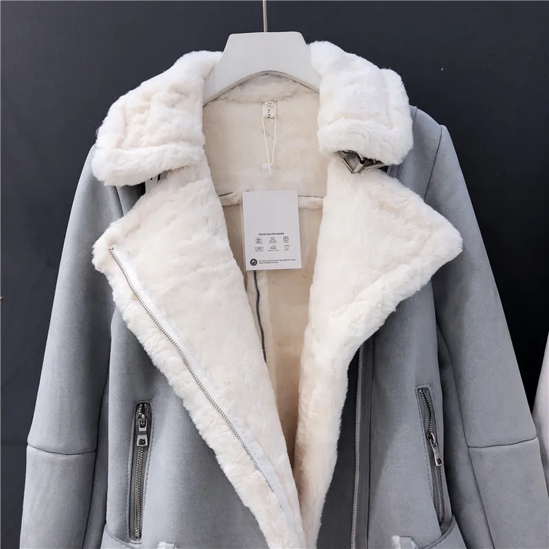 Yuxinfeng зимняя замшевая куртка из шерсти ягнят Женская высокая Уличная Повседневная плюс кашемир утолщаются теплый длинный рукав мех замша пальто
