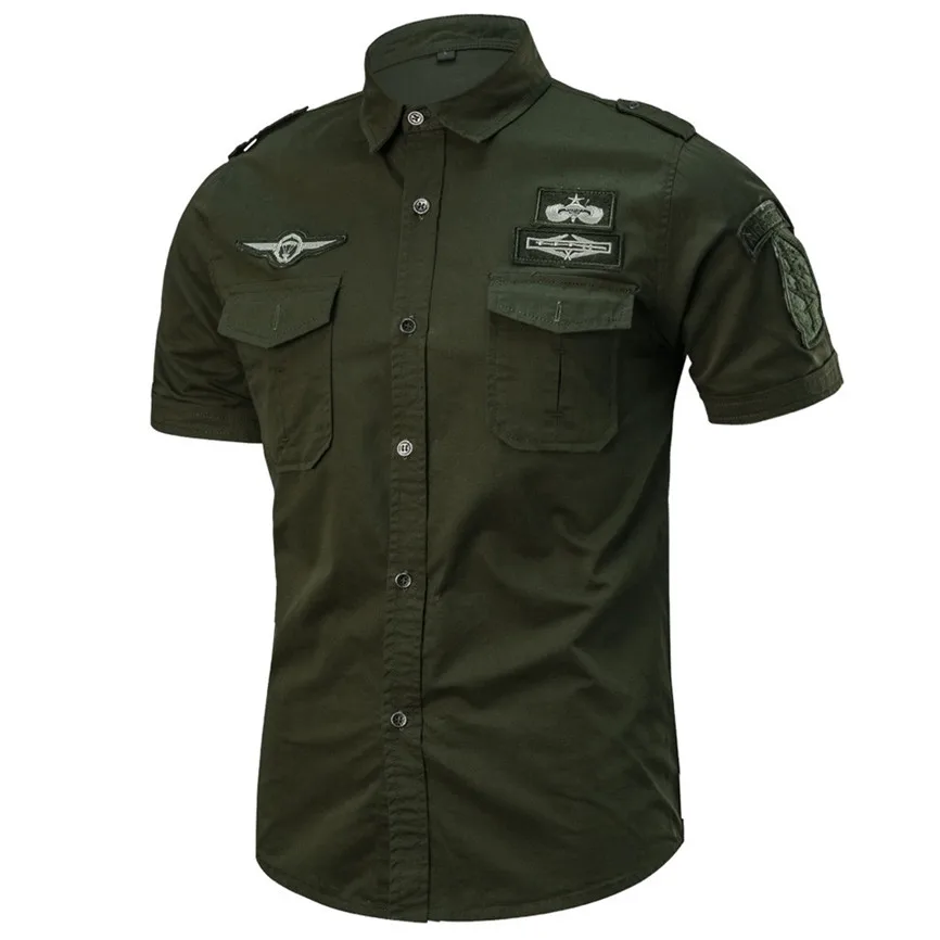 Camisas Hombre,, мужская рубашка, модная, повседневная, военная, чистый цвет, с карманом, короткий рукав, свободная, с отложным воротником, обычная, Camisa