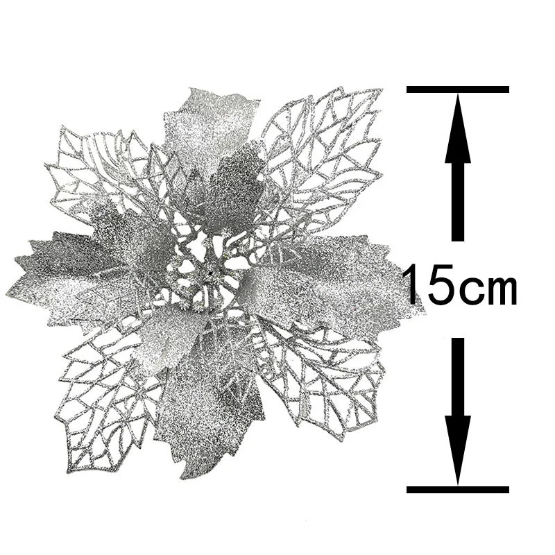 (5pcs/pack) 15cm Artificial Christmas Tree Flower Glitter Decorations Xmas Ornaments New Year Gift Wedding Party Decoration