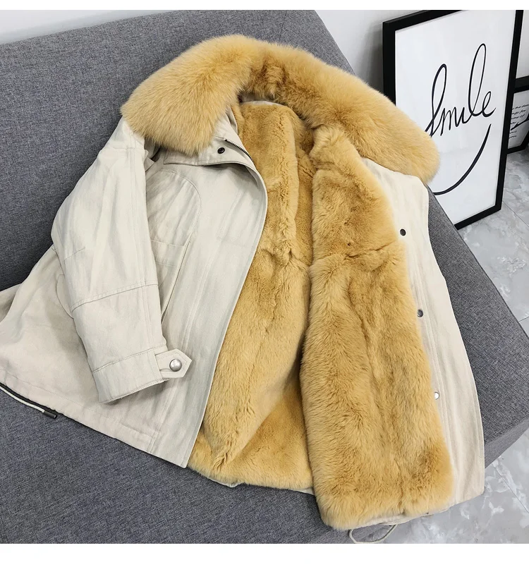 Natural Fur Coats Winter Coat Women Clothes Parkas Real Fur Rex Rabbit Fur Lining With Genuine Fox Fur Collar Female Jacket