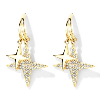 

Ant Angel Classic Bling Double Cross Star Earring Zircon Copper 14 K Gold Plated Ear Drop Party Queen For Female Birthday Gift