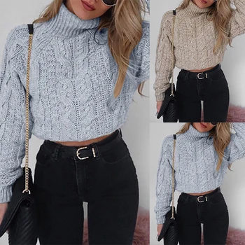 

Womens Winter Cable Knitted High Neck Cropped Tops Pullover Sweater Jumper Tops