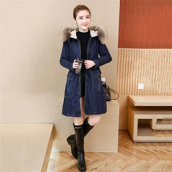 

2019 denim jacket female long winter plus velvet thick lamb fur hooded fur collar coat plus size women's jacket cowboy outerwear