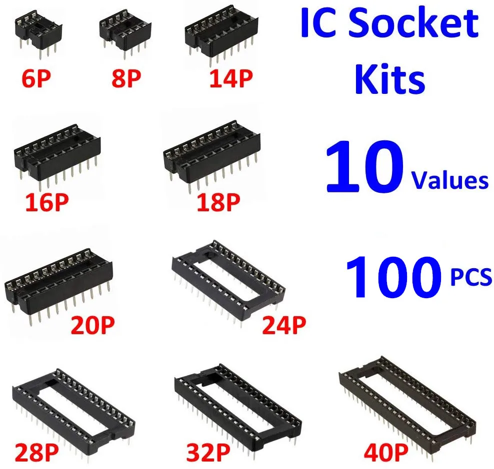 100 Stks/doos 2.54Mm Pitch Dip Ic Sockets Solder Type Adapter Assortiment Kit (6/8/14/16/18/24/28/40 Pins)