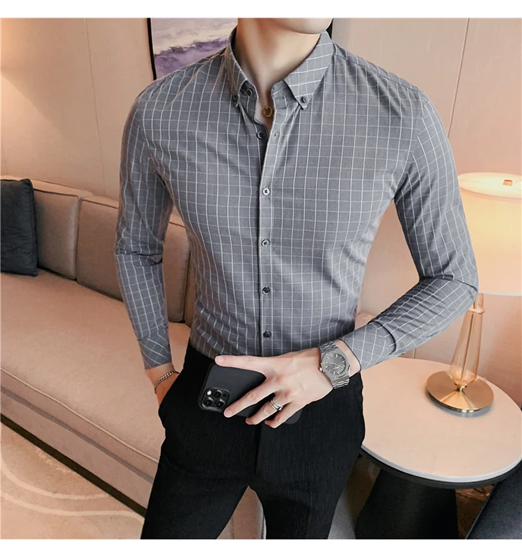 Men New Shirt High-end Sense Business Versatile Plaid Slim Fashion Casual  Party Can Be Worn Outer Base Shirt