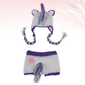 

2pcs in 1 Set Purple Wool Hand Knitting Baby Apparel Cap Set Handmade Knitted Unicorn Design Photography Costumes Pants Props fo