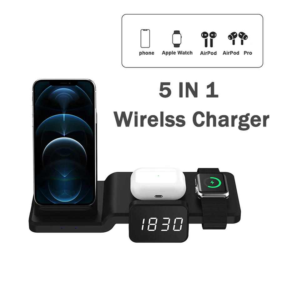 Multi Function Qi Wireless Charger Stand for Apple Watch Airpods Pro iPhone 12 11 Pro XS Max XR Time Clock Fast Charger Station