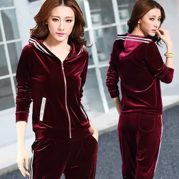 

Plus Size Female Pants Set New Women Velvet Tracksuits Spring Casual Hooded Jacket+Trousers Two Sets Gold Velvet Sportswear Suit