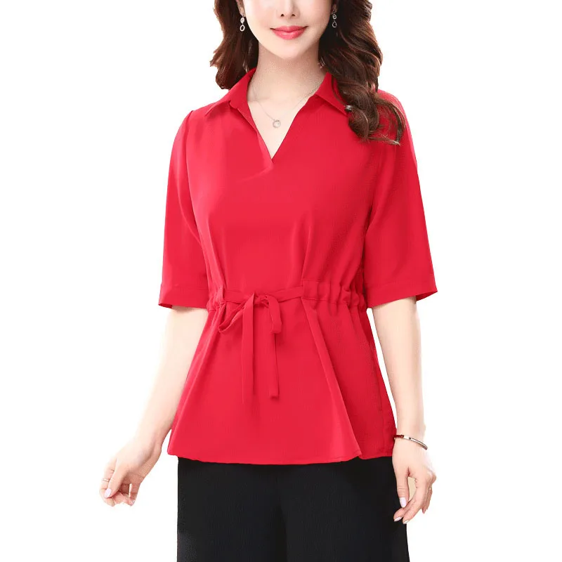 

Women Spring Summer Style Chiffon Blouses Shirts Lady Office Work Wear Turn-down Collar Short Sleeve Blusas Tops DF2937