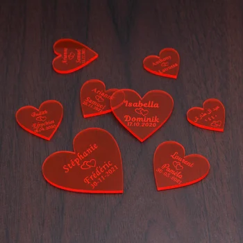 

50 Pieces Personalized Engraved Acrylic Red Clear Love Heart Gift Tags Wedding Party Table Confetti Decor Centerpieces Favors