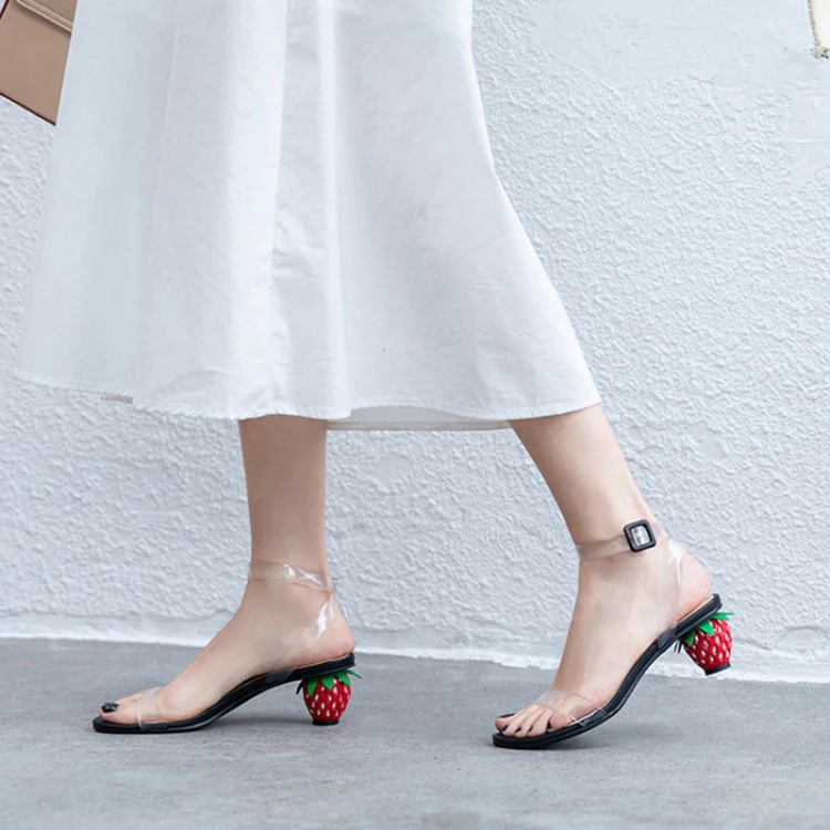

Handmade Women Transparent PVC Sandals Gladiator Ankle Strap Casual Summer Shoes 5cm Strawberry High Heels Sandalias Mujer Shoes