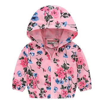 

ZWY346 Kids Girls Jacket Spring and Autumn Flower Cartoon Printed Hooded Coats Kids Clothes for 3-10Y Girl Windbreaker & Coats