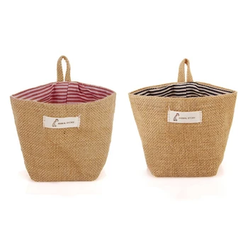 

2x Cotton Linen Art Flower Pot Small Sack Hanging Jute Cotton Dot Storage Basket Storage Bag(Blue Stripes&Red Stripes)