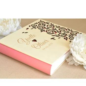 

Romantic Wood Photo Album Modern Family Photoalbum Photo Guest Book cutom Blush Pink Keepsake book Rustic Rose leaf Engagement