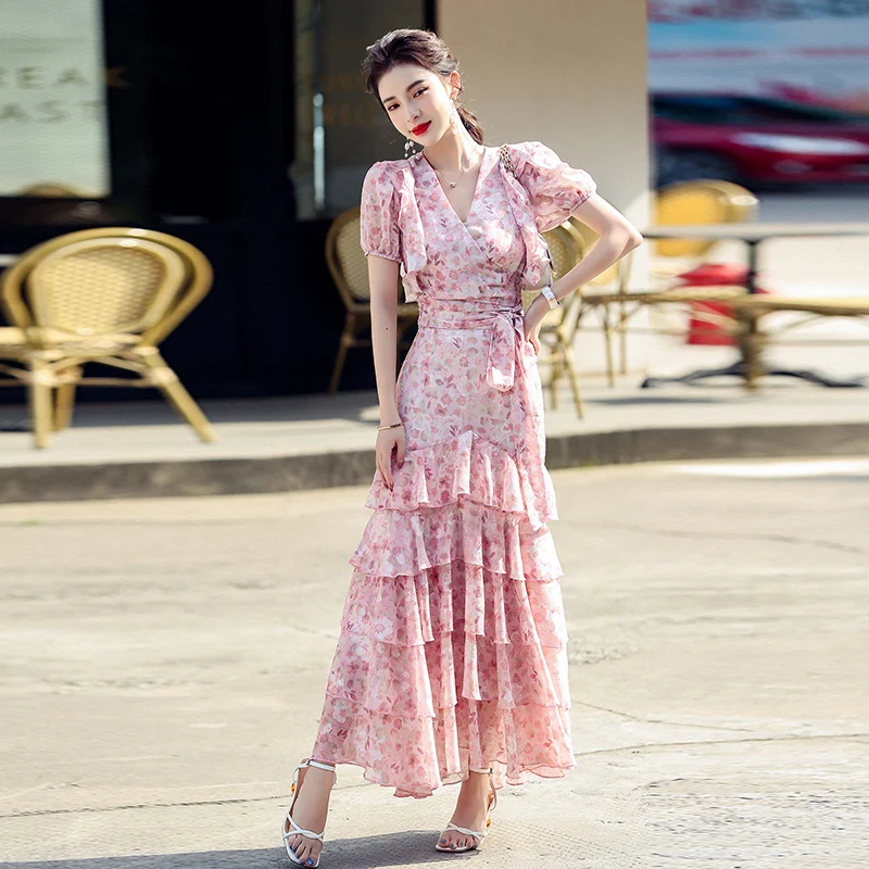 

Женский костюм-двойка с цветочным принтом, розовый костюм с топом 2021 и юбкой рыбий хвост с высокой талией, лето шифоновая кружевная рубашка